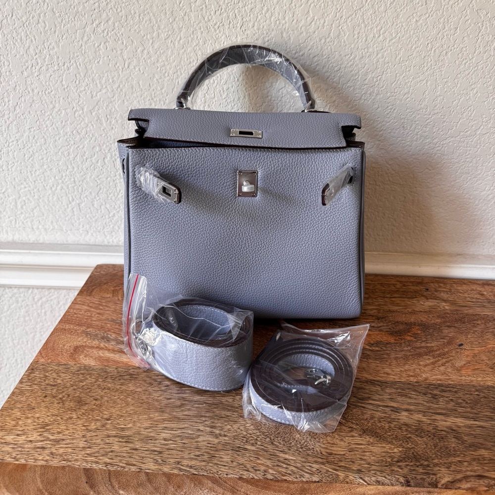LEATHER INSIDE & OUT | Light Blue Gray 25 KL Belted Satchel Bag Top Handle S17 - Picture 11 of 12